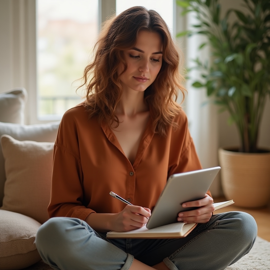 Mujer adulta tomando notas mientras sigue un curso online en una tableta